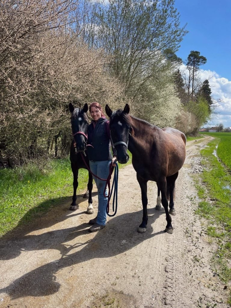 zwei Pferde und ich beim spazieren mit OKIE Hufschutz